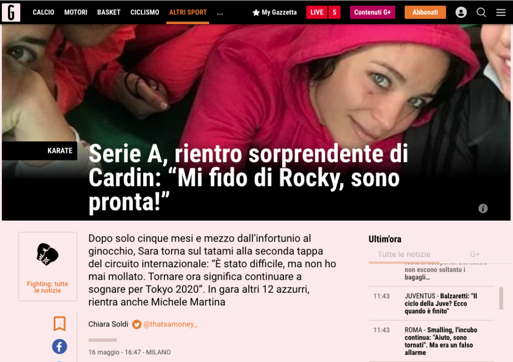 Intervista sulla Gazzetta dello Sport all'atleta Sara Cardin, campionessa del mondo di karate, dal titolo: "Serie A, rientro sorprendente di Cardin: Mi fido di Rocky, sono pronta!". La campionessa parla di Bernardo Bernardini nell'intervista