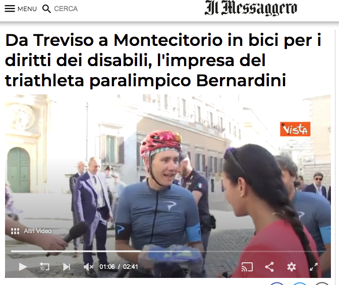 Il Messaggero pubblica un'intervista a Bernardo dal titolo: "Da treviso a Montecitorio in bici per i diritti dei disabili, l'impresa del triatleta paralimpico Bernardini".