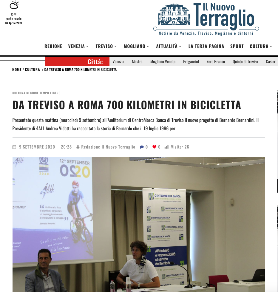 Il Nuovo Terraglio pubblica una notizia dal titolo: "da Treviso a Roma 700 chilometri in bicicletta".