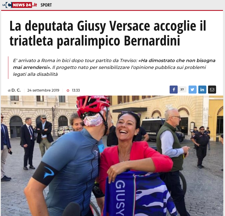 La C news 24 pubblica un articolo dal titolo: "la deputata Giusy Versace accoglie il triatleta paralimpico Bernardini".