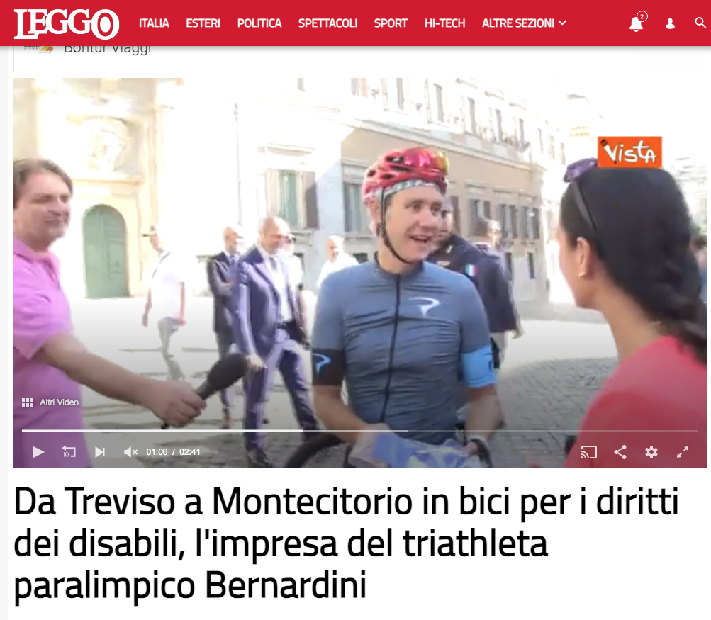 Leggo pubblica un articolo dal titolo: "Da Treviso a Montecitorio in bici per i diritti dei disabili, l'impresa del triatleta paralimpico Bernardini".