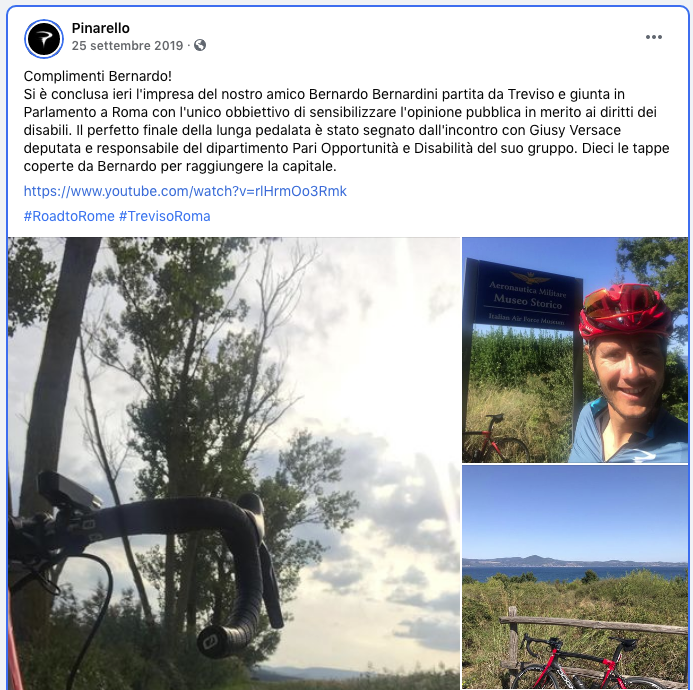 La pagina Facebook ufficiale dell'azienda Pinarello pubblica i complimenti a Bernardo per aver raggiunto Roma con una loro bicicletta