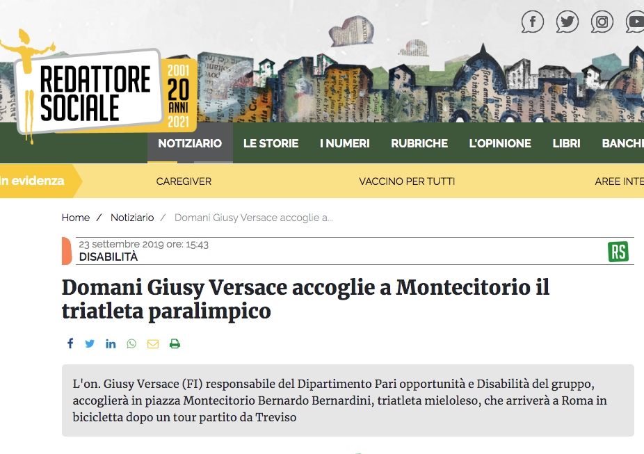 Redattore Sociale pubblica un articolo dal titolo: "Domani Giusy Versace accoglie a Montecitorio il triatleta paralimpico