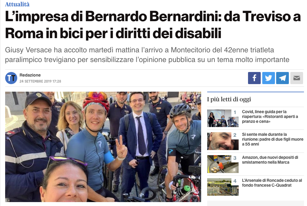 Treviso Today pubblica un'intervista a Bernardo dal titolo: "L'impresa di Bernardo Bernardini: da treviso a Roma in bici per i diritti dei disabili".