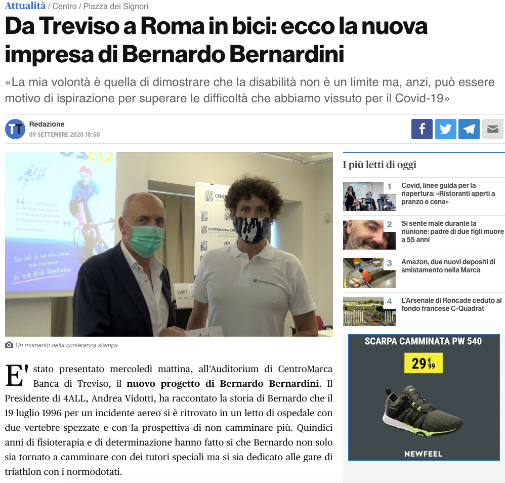 Treviso Today pubblica un articolo dal titolo: "Da Treviso a Roma in bici: ecco la nuova impresa di Bernardo Bernardini".