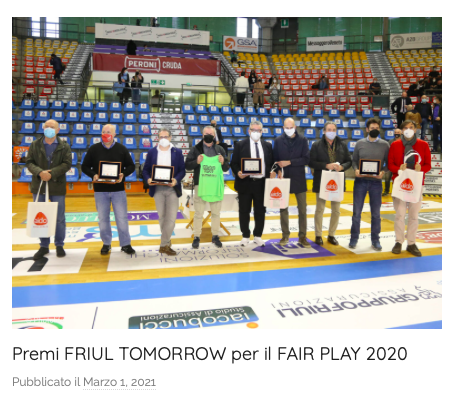 articolo in merito alle premiazioni dell'associazione Friul Tomorrow per il fair play 2020